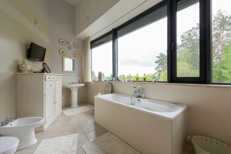 Interior of modern bathroom with bath near window and mat