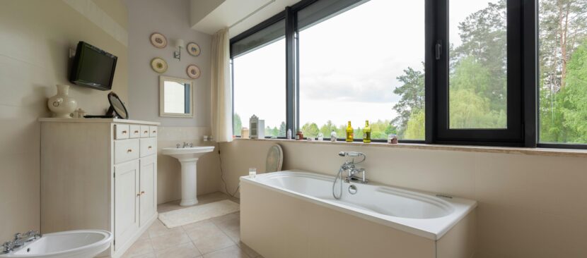 Interior of modern bathroom with bath near window and mat